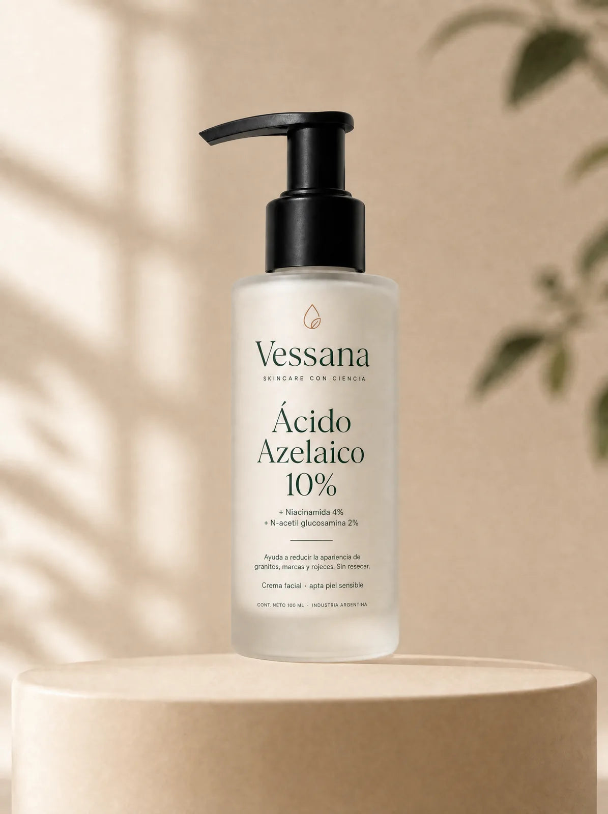 Frasco de vidrio esmerilado de Vessana con válvula dosificadora negra, crema facial de ácido azelaico 10%, 100 ml