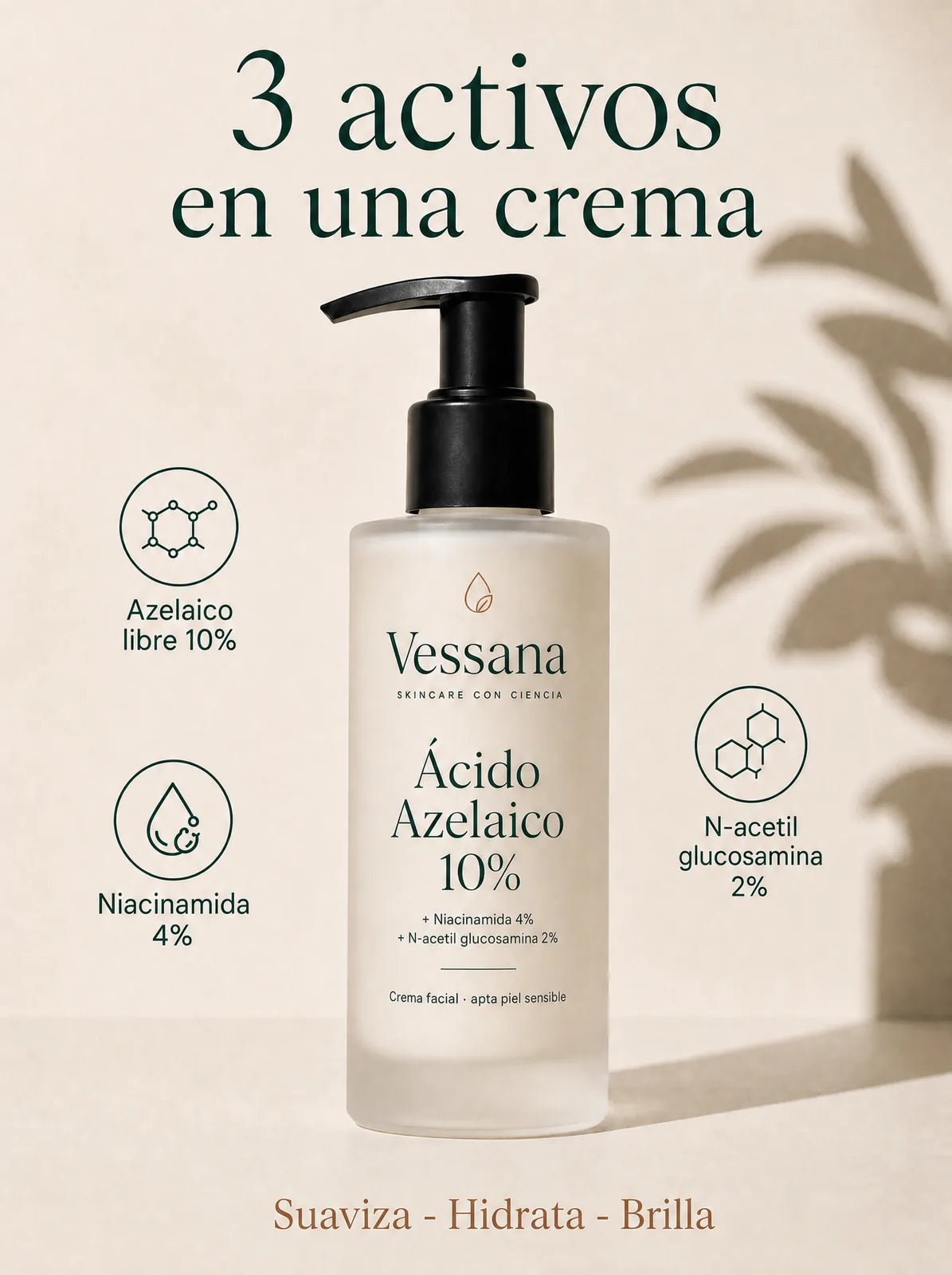 Los tres activos de Vessana: ácido azelaico libre 10%, niacinamida 4% y N-acetil glucosamina 2%