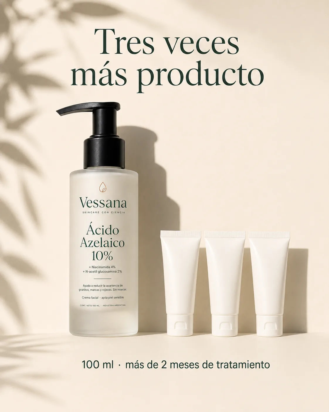 El frasco de Vessana de 100 ml junto a tres envases de 30 ml: tres veces más producto