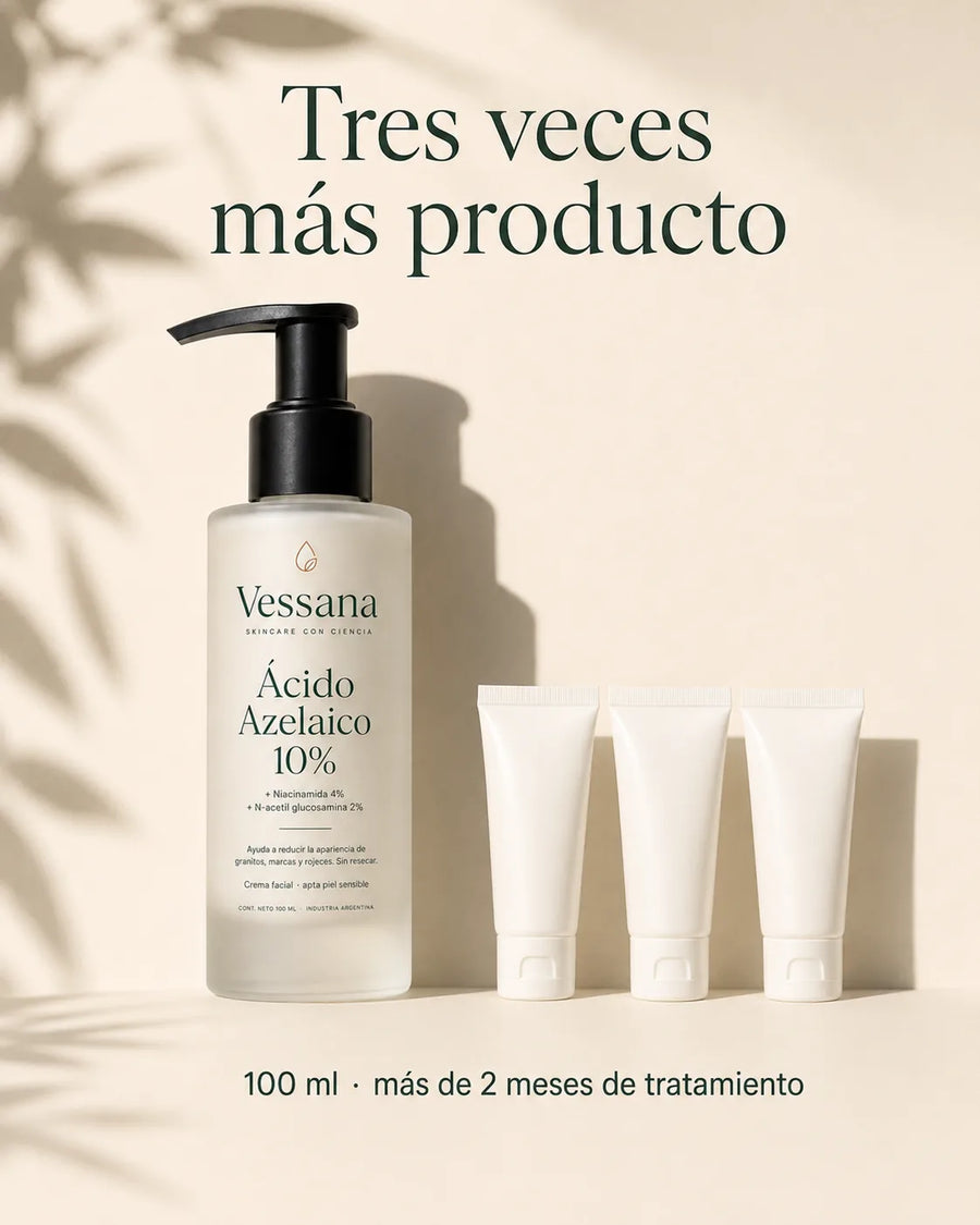 El frasco de Vessana de 100 ml junto a tres envases de 30 ml: tres veces más producto