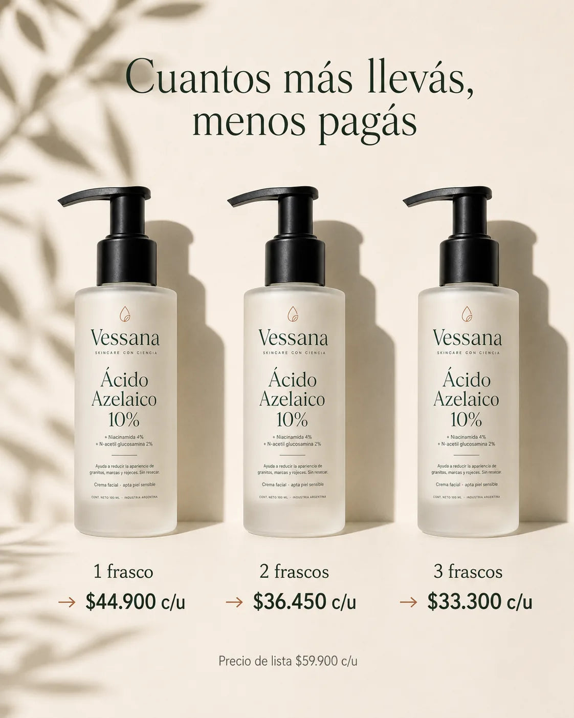 Precio por frasco de Vessana: 1 frasco $44.900, 2 frascos $36.450 cada uno, 3 frascos $33.300 cada uno. Precio de lista $59.900