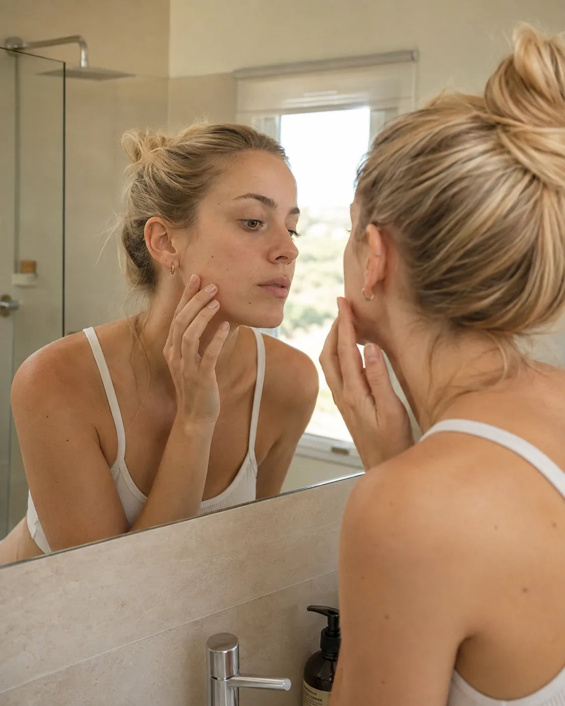 Mujer frente al espejo del baño aplicándose la crema Vessana
